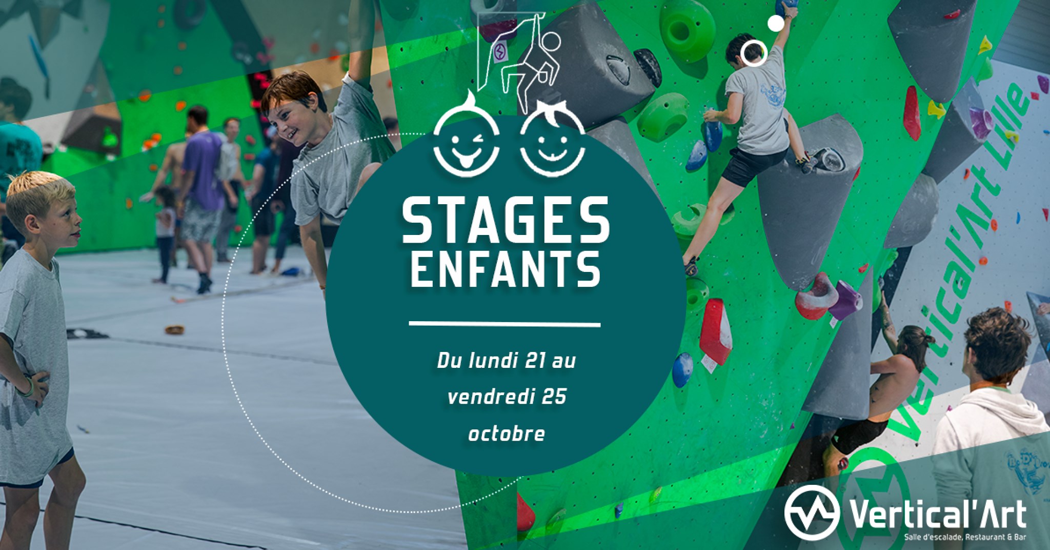 stage enfant à Vaertical'art Lille - vacances de la soussaint - salle d'escalade de bloc restaurant et bar - jeu - initiation - découverte de l'escalade entre copains